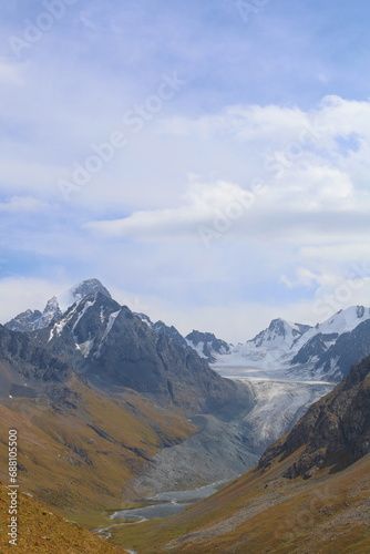 Turgan Aksuu Glacier view on a long-distance hiking trail called Ak-Suu Traverse