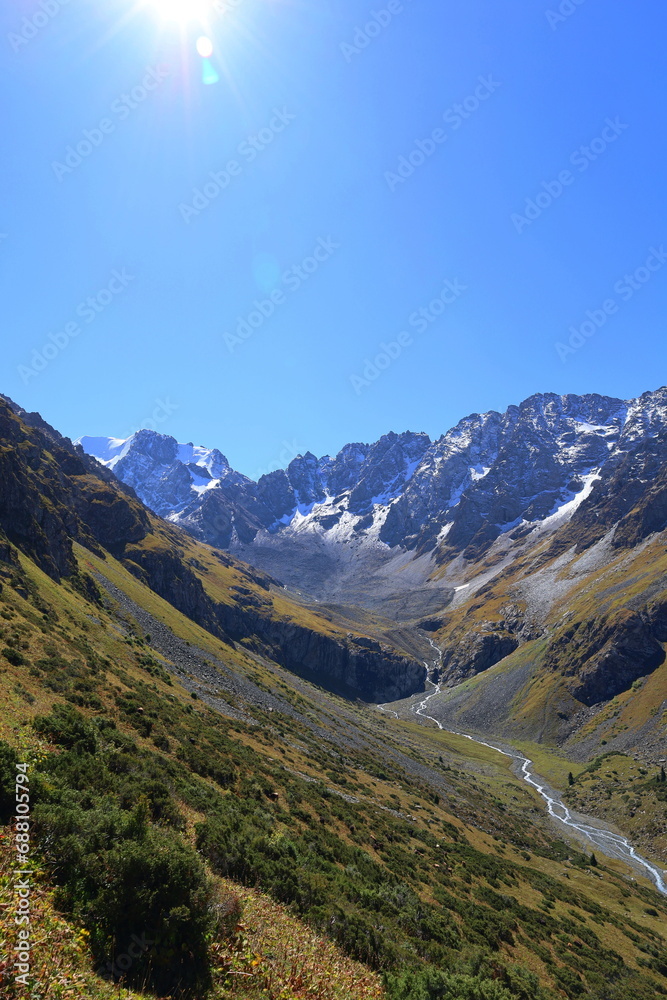 Ninth stage of Ak-Suu Traverse trek from Karakol Gorge to Jeti Oguz in Karakol national park, Kyrgyzstan