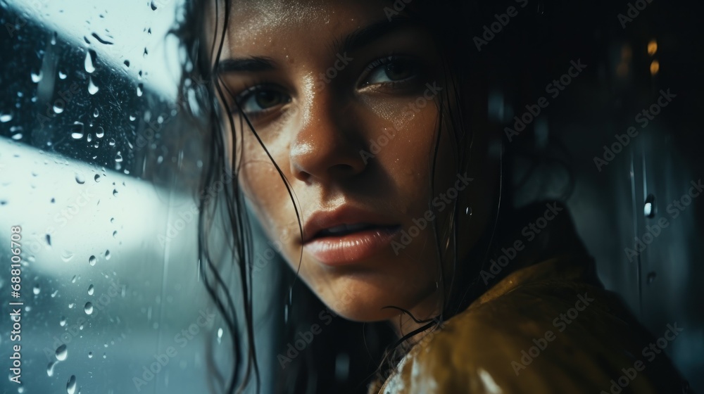 A young woman in front of raindrops dripping on the window A young woman in front of raindrops dripping on the window