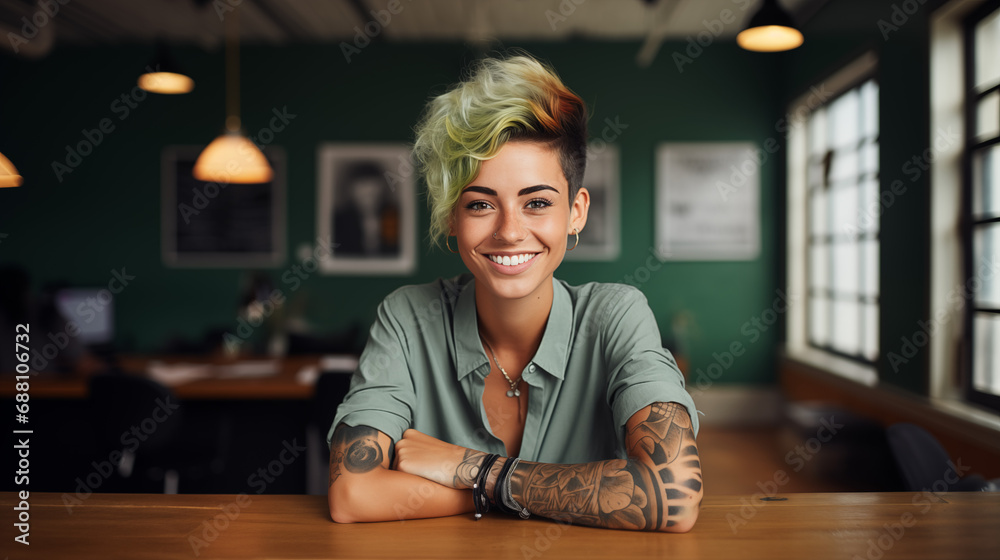 young happy girl with colored hair and tattoos looking at the camera in a working place