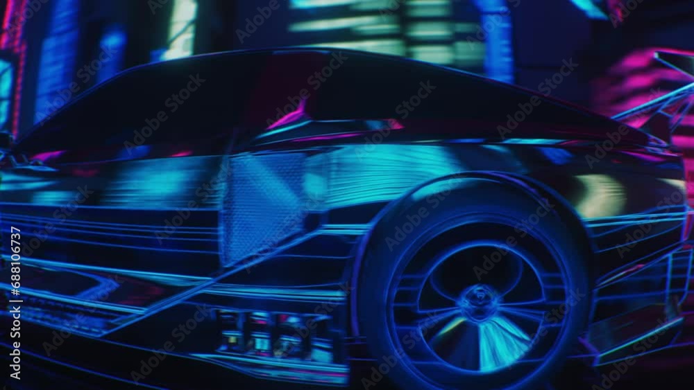 Loop of a cyber neon car through the night city in skyscrapers
