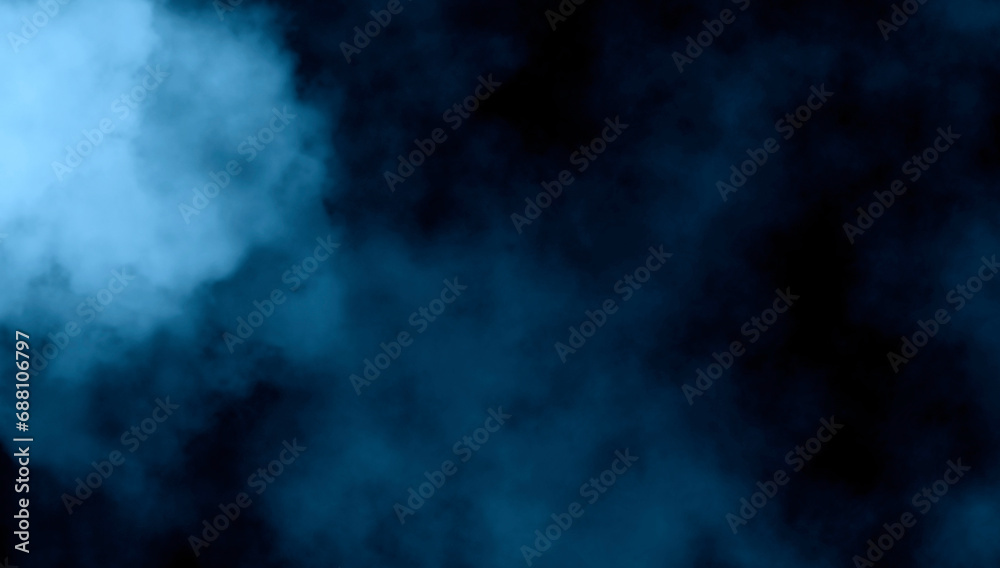 Abstract blue smoke misty fog on isolated black background. Texture overlays. Paranormal mystic smoke, clouds for movie scenes.