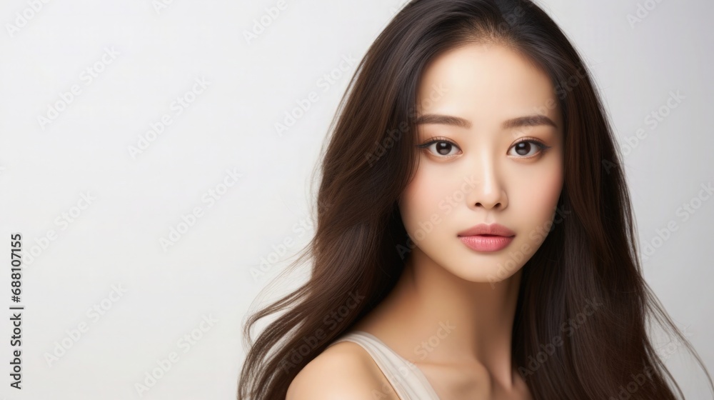 Beautiful Asian Japanese Woman Model on Solid Color White Background Long Hair Bright Skin for Beauty Skincare Cosmetic Makeup Haircare Products Beautiful Asian Japanese Woman Model on Solid Color White Background Long Hair Bright Skin for Beauty Skincare Cosmetic Makeup Haircare Products