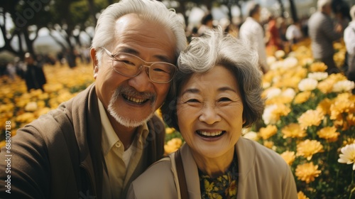 Happy elderly asian couple hugging each other in the park