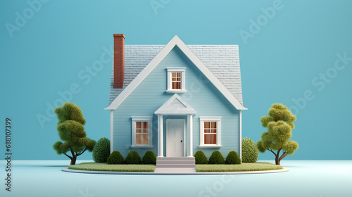 Small house with blue background, Minimalist design, AI Generated photo