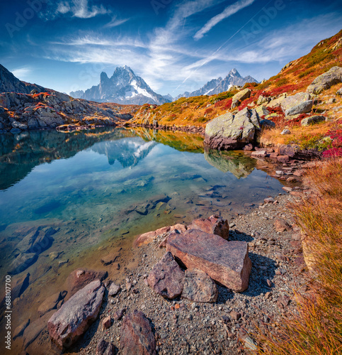 Calm morning scene of Chesery lake (Lac De Cheserys), Chamonix location. Dramatic outdoor view of Vallon de Berard Nature Preserve, Graian Alps, France. Beauty of nature concept background. © Andrew Mayovskyy