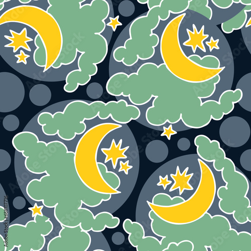 Starry night seamless vector pattern with moon  stars and clouds. Boho style decorative background for wallpaper  digital paper  wrapping design  fashion fabric  textile print. Hand drawn illustration
