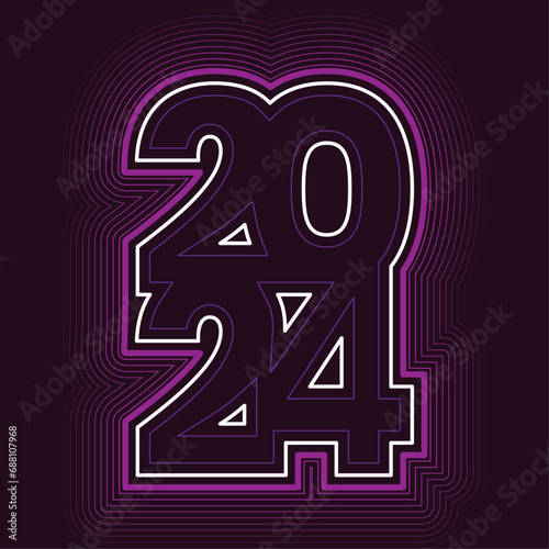 White and purple outline of number 2024 stacked in two rows with numbers connected together creating one shape. Purple lines outside. Dark purple background. New Year`s Eve Design Concept