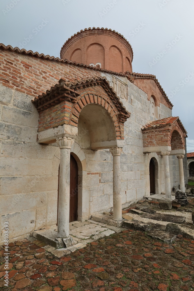 Naklejka premium Gable-roofed porticos at the SW facade of the church of the Saint Mary Monastery, nowadays Archaeological Museum. Apollonia-Albania-108