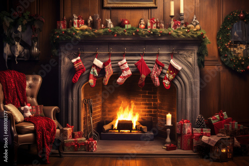 people at the Christmas market, people at Christmas, cozy fireplace with stockings and garland decorations photo