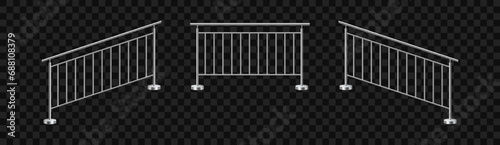 Set of realistic stair stainless steel railing. Metal balustrade. Fencing sections with steel poles. 3D vector illustration isolated on transparent background. photo