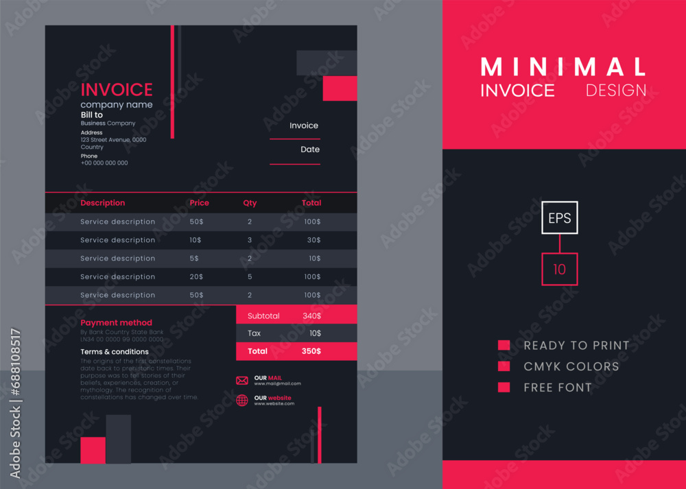 Invoice Design Size Modern and Minimal Invoice Design A4 size template Stock Vector | Adobe ...