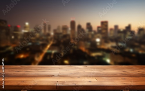 Wood table top with blurred Tokyo city night view background for website  copy space  for word  template  presentation