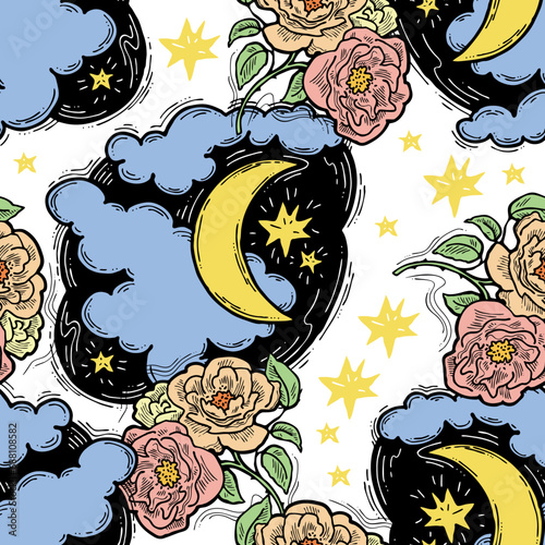 Starry night seamless vector pattern with moon  stars and clouds. Boho style decorative background for wallpaper  digital paper  wrapping design  fashion fabric  textile print. Hand drawn illustration