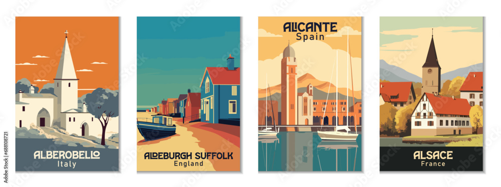 Vintage Travel Posters Set: Alberobello, Italy; Aldeburgh Suffolk, England; Alicante, Spain; Alsace, France