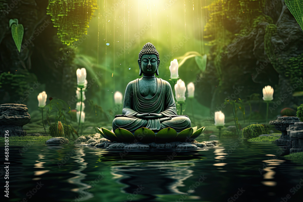 buddha in zen garden with glowing chakra