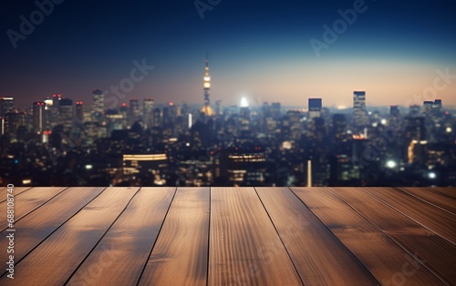 Wood table top with blurred Tokyo city night view background for website  copy space  for word  template  presentation