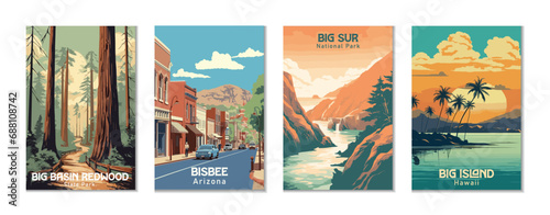 Vintage Travel Posters Set: Big Basin Redwoods State Park, Big Island, Hawaii, Big Sur National Park, Bisbee, Arizona