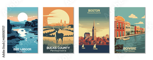 Vintage Travel Posters Set: Blue Lagoon, Iceland, Bonaire, Caribbean, Boston, Massachusetts, Bucks County, Pennsylvania
