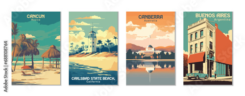 Vintage Travel Posters Set: Buenos Aires, Canberra, Cancun, Carlsbad State Beach