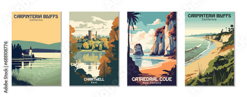 Vintage Travel Posters Set: Carpinteria Bluffs, Cathedral Cove, Chartwell, Chautauqua Lake