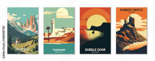 Vintage Travel Posters Set: Dolomites, Dunluce Castle, Durdle Door, Essaouira