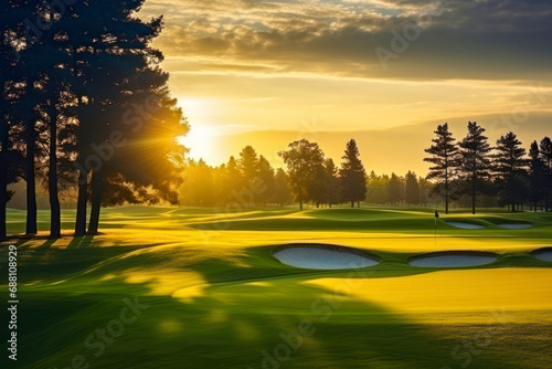 Beautiful golf course at the sunset, sunrise time. , morning time.