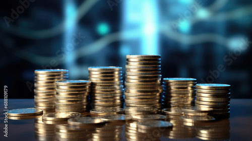 Financial growth with stacks of coins in the foreground and a blurred graph indicating stock market trends in the background.