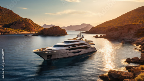 A luxury yacht in a bay