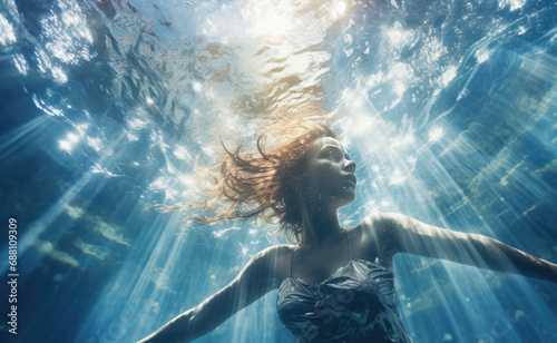 A young woman dives underwater