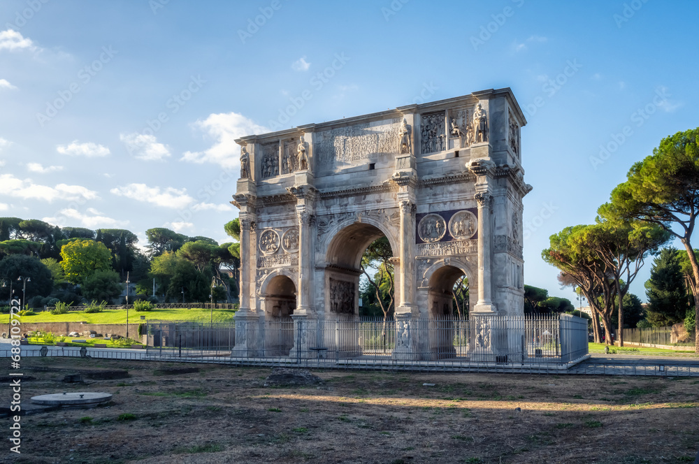 Amazing view of Arch of Constantine (Arco di Constantino) in morning light at sunrise, Rome, Italy..