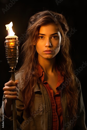 young woman holding a burning torch in her hand