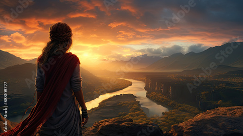 back view of a woman on a mountain at sunset