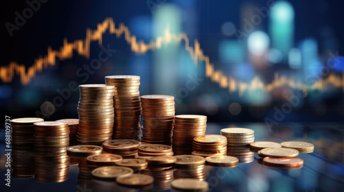 Financial growth with stacks of coins in the foreground and a blurred graph indicating stock market trends in the background.