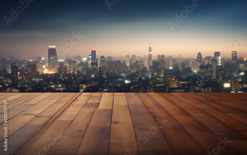 Wood table top with blurred Tokyo city night view background for website, copy space, for word, template, presentation © Harry