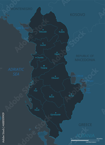 Albania map. High detailed map of Albania with countries, borders, cities, water objects. Vector illustration EPS10