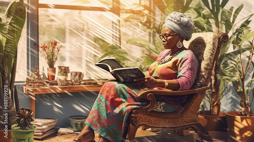 Old african woman reading a book at her home 
