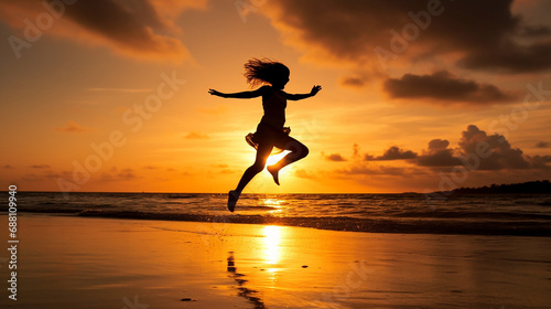 Child silhouette jumping in a sunset at the beach 