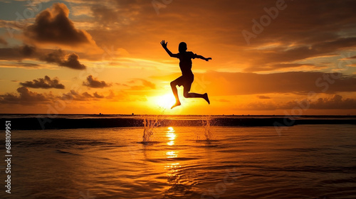 Child silhouette jumping in a sunset at the beach 