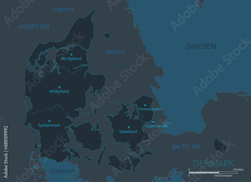 Denmark map. High detailed map of Denmark with countries, borders, cities, water objects. Vector illustration EPS10