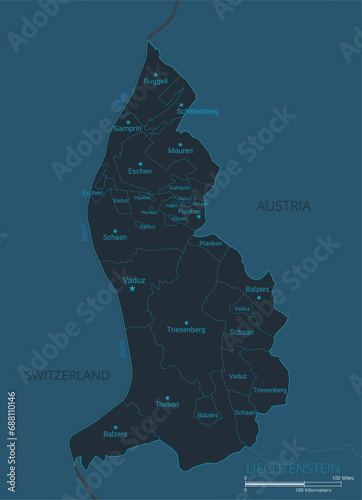 Liechtenstein map. High detailed map of Liechtenstein with countries, borders, cities, water objects. Vector illustration EPS10