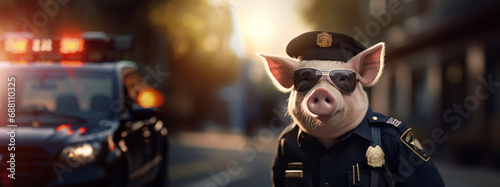 Funny pig in police uniform in the street