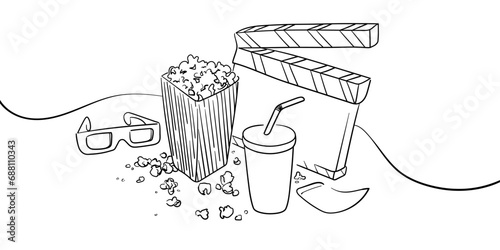 Cinema elements. Movie theater popcorn, filming cinema clapperboard. 3d glass, drink and movies premiere ticket cinematography. Vector illustration 