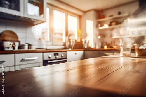 Empty beautiful wood table-top counter and blur bokeh modern kitchen interior background in clean and bright © sanjit536