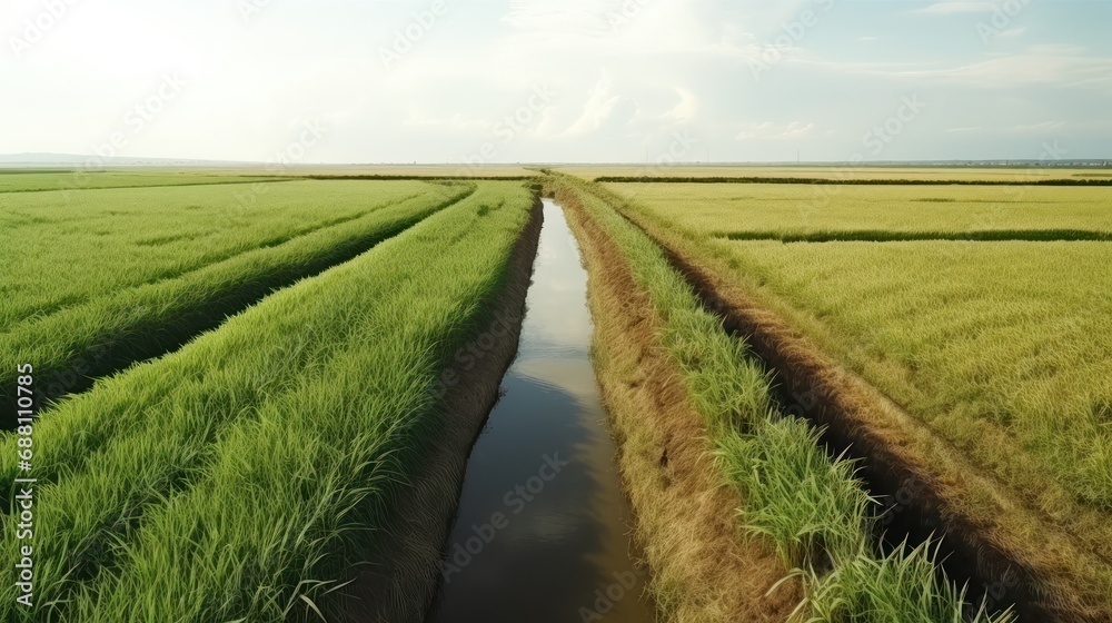 Empty ground road across sugarcane plantation at summer farmland. Way through perennial grass cultivated for juice used for sugar producing. Agricultural culture growing in large Asian field