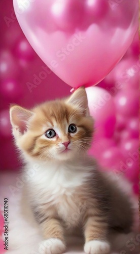 "Adorable Valentine's Day Celebration: Small Kitten Playfully Poses with Pink Heart-Shaped Balloons - Cute Cat Love, Romantic Pet Moments, Festive Feline Joy"