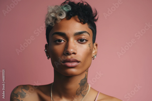 Beautiful young mixed race transgender female posing for studio headshot