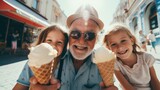 Grandfather and grandson pose with ice cream