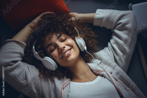 Relaxed woman listening to music with headphones at home