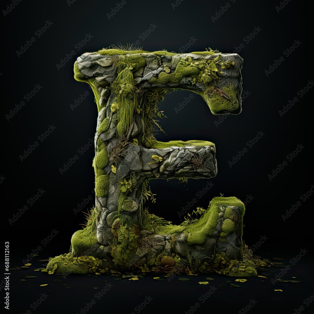 Stone letter E. Symbol of alphabet made of strong solid granite, rocks and debris. Typographic font generated by AI Stone letter E. Symbol of alphabet made of strong solid granite, rocks and debris. Typographic font generated by AI
